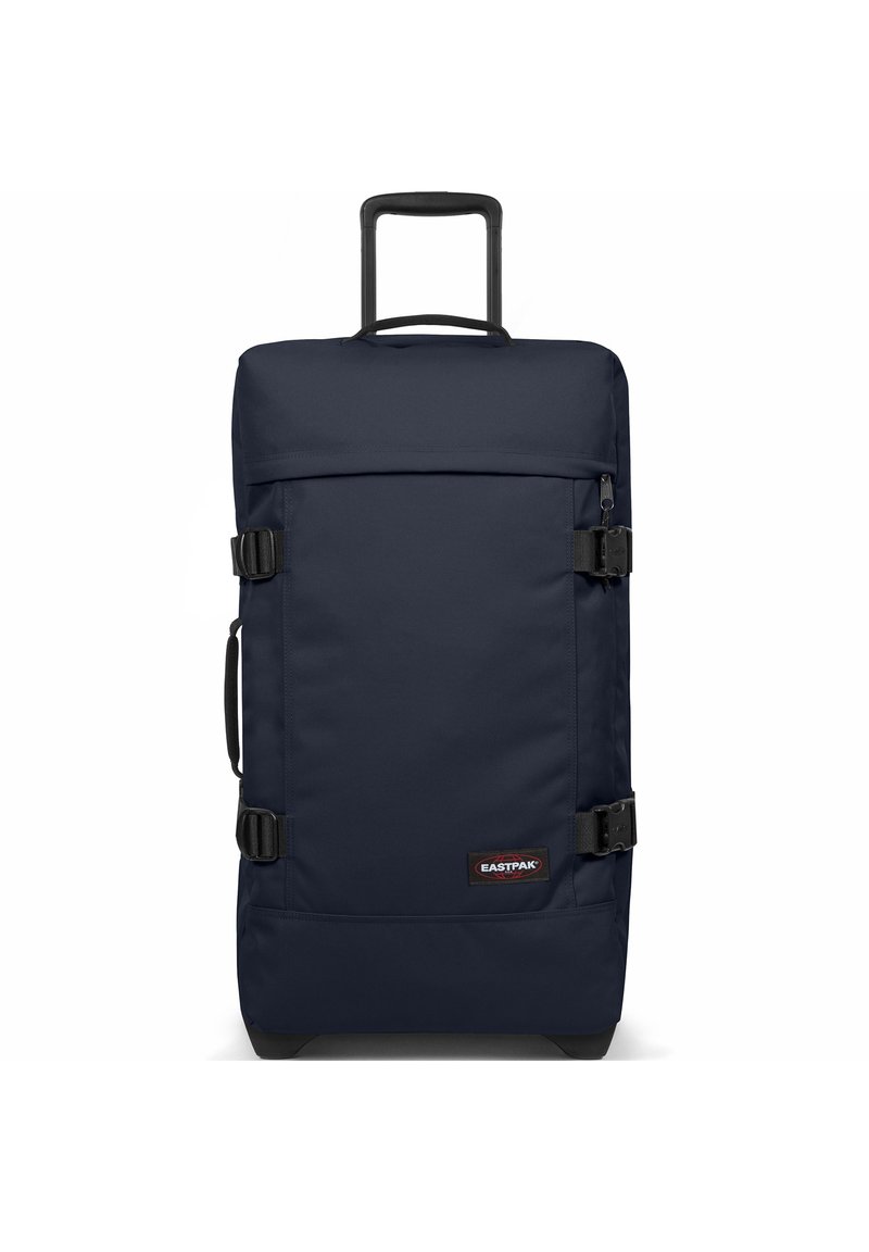 Mörkblå rullväska i duffelstil med rektangulär form, tillverkad av slitstark tyg, med sidohandtag och två justerbara spännen.