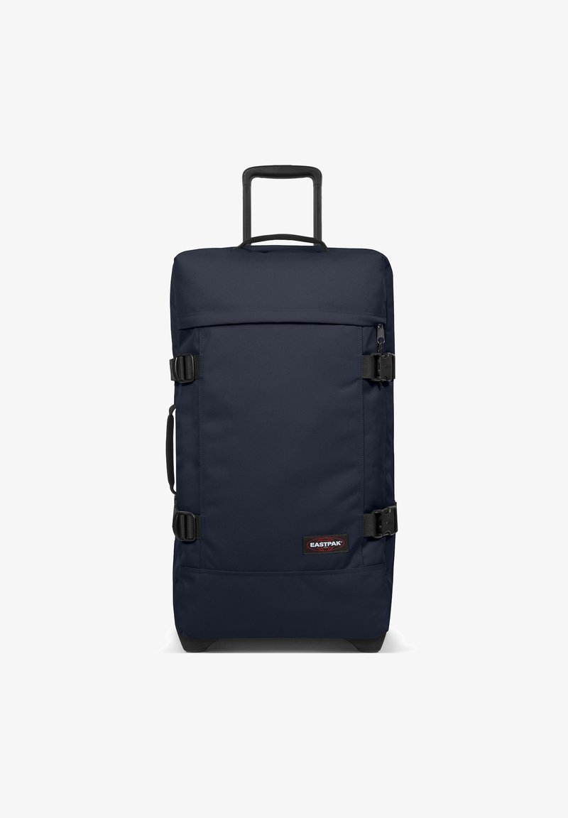 Mörkblå rullväska i duffelstil med rektangulär form, tillverkad av slitstark tyg, med sidohandtag och två justerbara spännen.