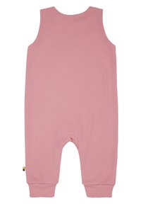 Roze katoenen jumpsuit met een gestructureerd wafelpatroon. Mouwloos ontwerp, wijde halslijn, laagvallende kruis en ribgebreide manchetten. Klein multicolor label.
