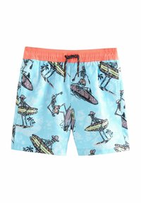 Light blue swim trunks with coral waistband, drawstring, and a pattern of skeletons surfing and palm trees.
