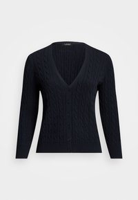 Marineblauwe cardigan met een V-hals, geribde manchetten en een kabelbrei textuur. Voorzien van zes knopen aan de voorkant en een getailleerd ontwerp.