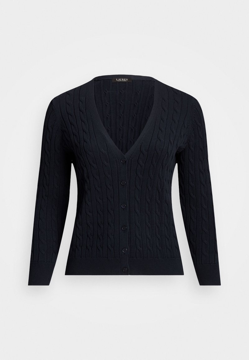 Marineblauwe cardigan met een V-hals, geribde manchetten en een kabelbrei textuur. Voorzien van zes knopen aan de voorkant en een getailleerd ontwerp.