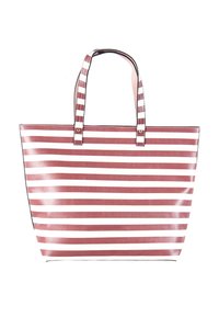 Large tote bag with horizontal maroon and white stripes and double handles with matching striped pattern.