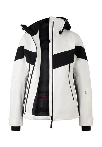 Hvid og sort hættejakke til vinter med frontlynlås, to lynlåsede sidelommer og justerbare håndledsmanchetter.