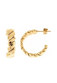 Goldene, verdrehte Creolen mit einer glatten, reflektierenden Oberfläche. Sie haben eine abgerundete Form und einen Steckverschluss für sicheren Halt.