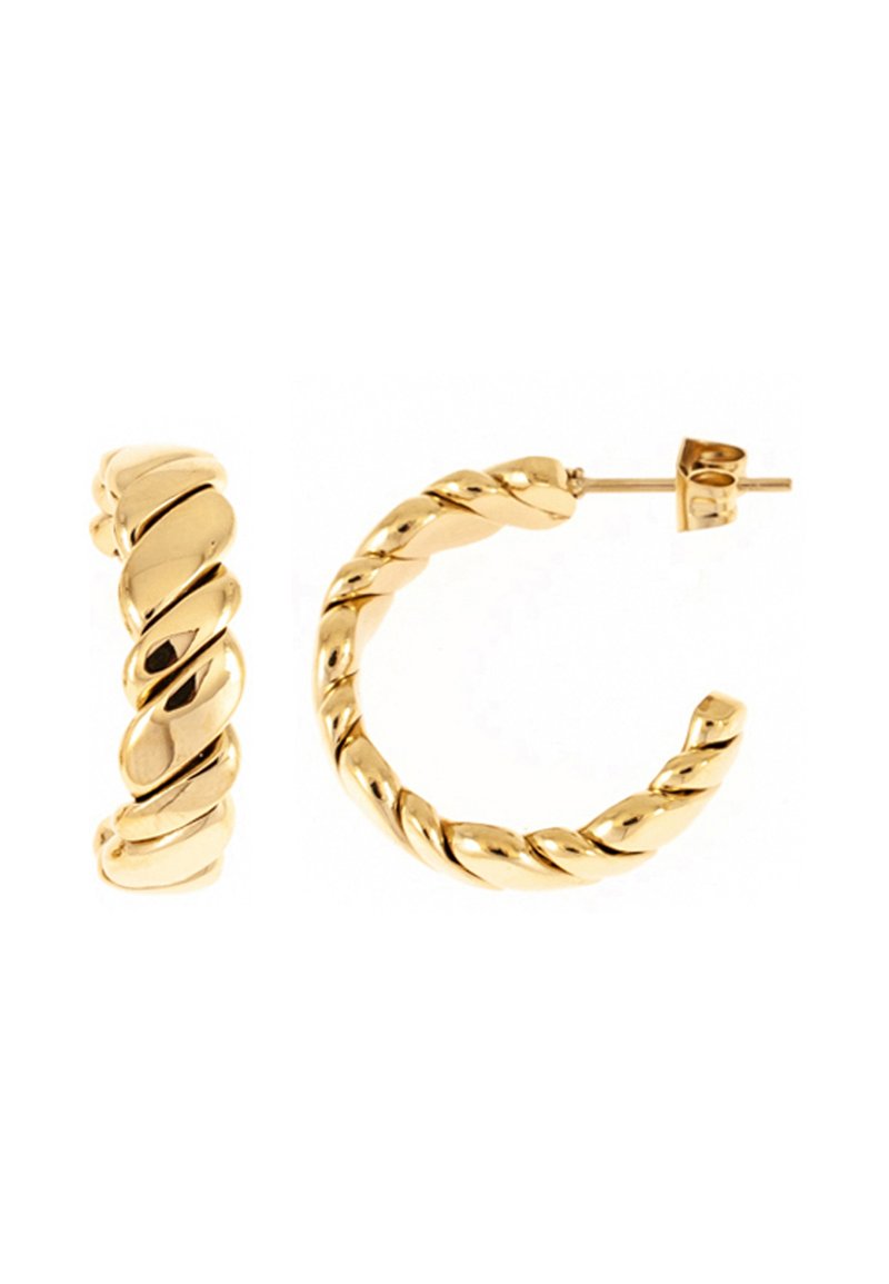 Goldene, verdrehte Creolen mit einer glatten, reflektierenden Oberfläche. Sie haben eine abgerundete Form und einen Steckverschluss für sicheren Halt.