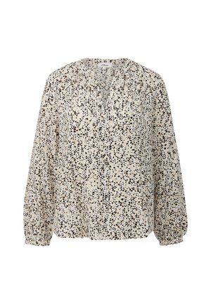 Bluzka z długim rękawem w kremowym kolorze z czarno-beżowym abstrakcyjnym wzorem, z dekoltem w serek i marszczonymi mankietami dla luźnego fasonu.
