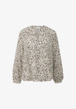 Bluzka z długim rękawem w kremowym kolorze z czarno-beżowym abstrakcyjnym wzorem, z dekoltem w serek i marszczonymi mankietami dla luźnego fasonu.