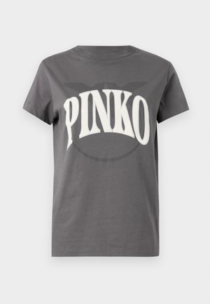 T-shirt in cotone grigio con maniche corte, caratterizzata da una grande grafica bianca "PINKO" sul davanti, scollatura rotonda e un design dalla vestibilità comoda.