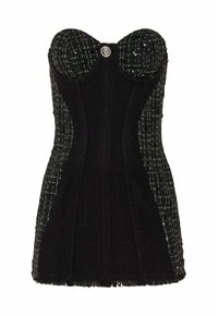 Schwarzes, trägerloses Minikleid mit strukturiertem Oberteil, strukturiertem Stoff, Tweed-Seiteneinsätzen und einer dekorativen Silberknopf-Applikation am Halsauschnitt.