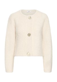 Cardigan di peluche con scollatura rotonda, chiusura a tre bottoni grandi e maniche lunghe. Tessuto morbido con vestibilità cropped.