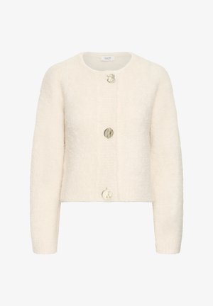 Cardigan di peluche con scollatura rotonda, chiusura a tre bottoni grandi e maniche lunghe. Tessuto morbido con vestibilità cropped.