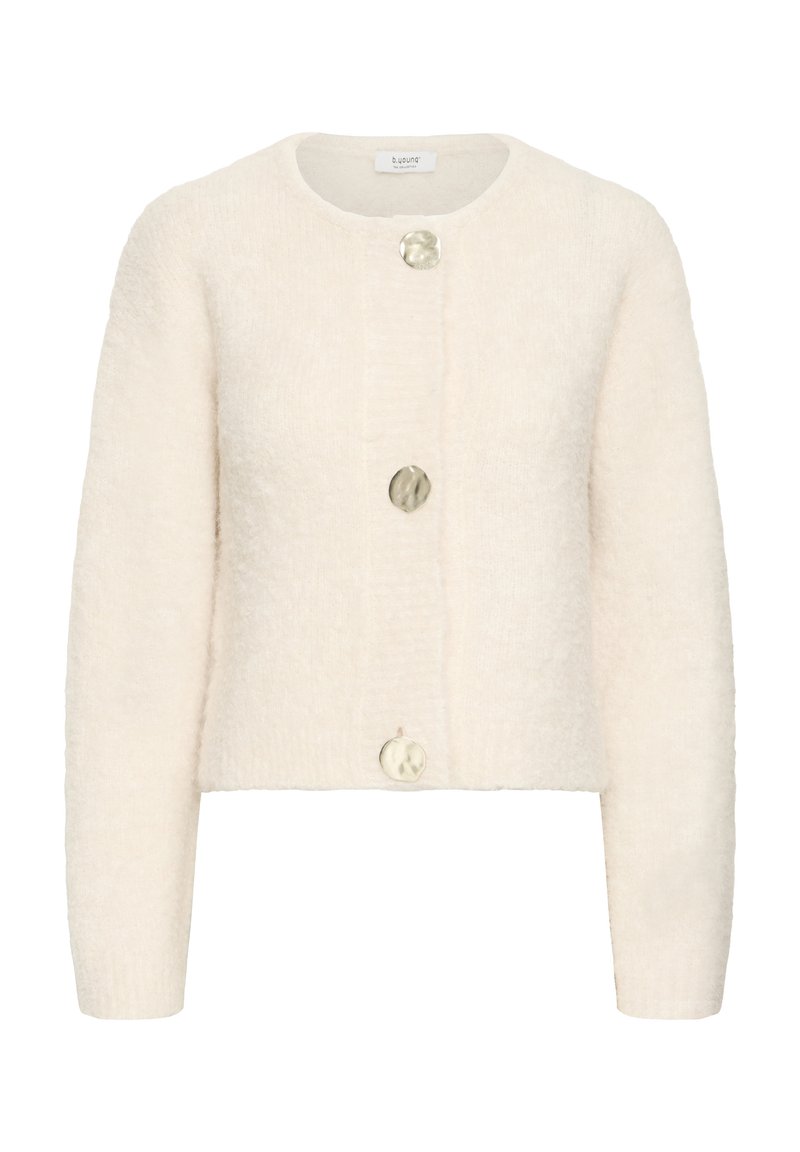 Cardigan di peluche con scollatura rotonda, chiusura a tre bottoni grandi e maniche lunghe. Tessuto morbido con vestibilità cropped.