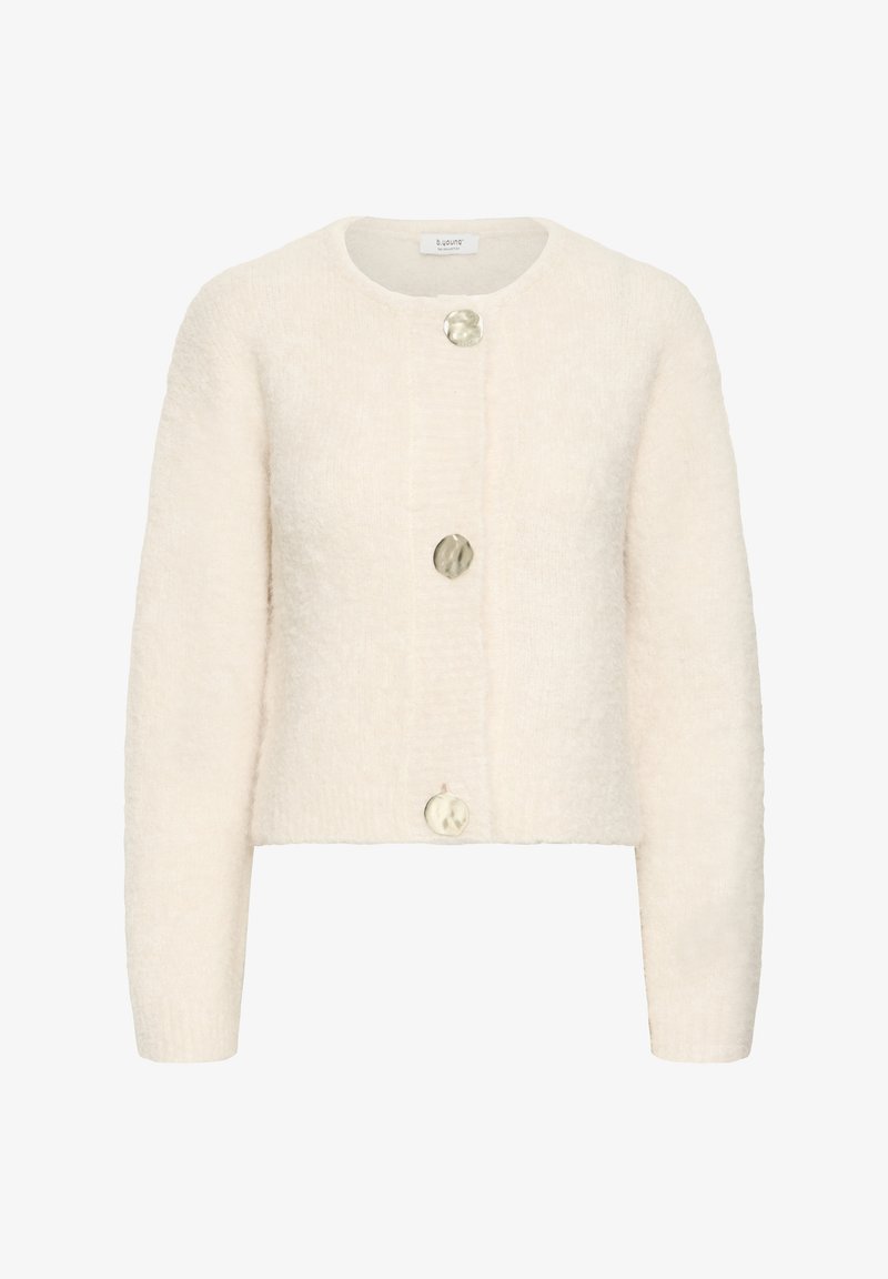 Cardigan di peluche con scollatura rotonda, chiusura a tre bottoni grandi e maniche lunghe. Tessuto morbido con vestibilità cropped.