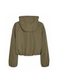 Olivovo zelená bunda s kapucňou, dlhými rukávmi a elastickými manžetami a lemom, zobrazená zozadu na bielom pozadí.