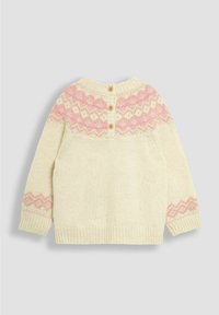 Knitted cream sweater with a pink geometric pattern at the yoke. Features three wooden buttons at the back and ribbed hems.