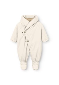 Lys beige baby dress med stor omslagsskrage, trykknappslukking, korte ermer og elastiske mansjetter og føtter for varme.