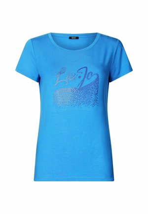 T-shirt blu a maniche corte con scollatura rotonda, caratterizzato da un design scintillanti argentato "Liu Jo" sul davanti e una texture liscia e morbida.