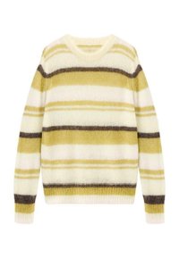 Maglione lavorato a maglia con righe orizzontali in giallo, crema e marrone. Collo rotondo con polsini e orlo a coste, texture morbida.