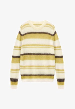 Pletena majica s horizontalnim prugama u žutoj, krem i smešnoj boji. Okrugli izrez s rebrastim manžetama i rubom, mekana tekstura.