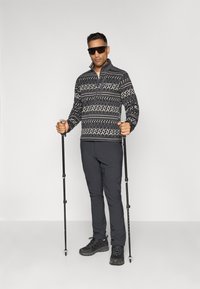Homme portant une veste en polaire à motifs, un pantalon de randonnée noir, des bottes et des lunettes de soleil, tenant des bâtons de trekking devant un fond blanc uni.