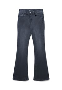 Jean en denim foncé évasé avec une texture légèrement délavée, cinq poches et un bouton en métal au niveau de la taille.