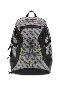 Zaino grigio con accenti neri, caratterizzato da un motivo logo ripetuto, design imbottito, tasca frontale con zip e dettagli verdi.