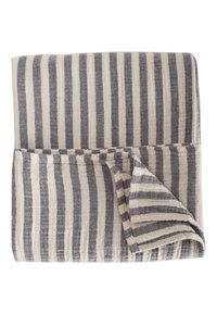 Striped throw blanket in beige with dark gray lines. Soft fabric, finely woven texture, and folded with an overlapping edge detail.
