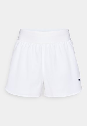 Białe sportowe szorty z elastycznym paskiem w talii i małym logo w granatowym kolorze. Gładka tekstura, do kolan, z bocznymi rozcięciami dla lepszej swobody ruchu.