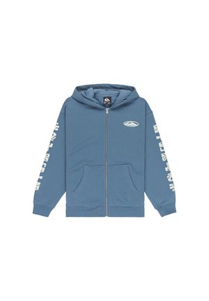 Hooded zip-up sweatshirt in blue, featuring front pockets and white text on the sleeves. Soft fabric with a relaxed fit.