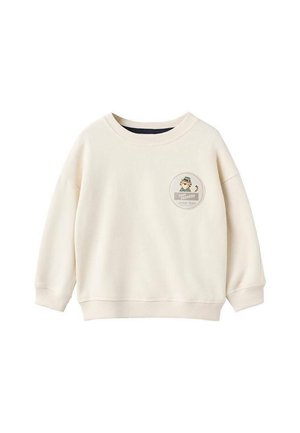 Sweatshirt à manches longues couleur crème pour tout-petit avec col rond et petit patch rond présentant un tigre de dessin animé et le texte "Tiny Trekker Safari Trail."
