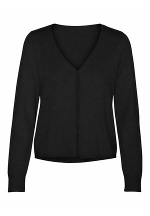 Cardigan nero con maniche lunghe, scollatura a V e orlo dritto. Realizzato in tessuto morbido, presenta una chiusura con bottoni frontale. Design minimalista.