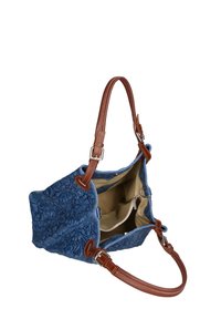 Sac à main texturé bleu avec des accents en cuir marron, fermeture éclair et un intérieur spacieux comportant des poches et une doublure.