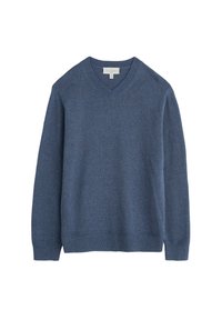 Pull bleu à col en V en tissu tricoté doux. Doté de poignets et d'un ourlet côtelés. Design simple et épuré sans motifs ni accents.