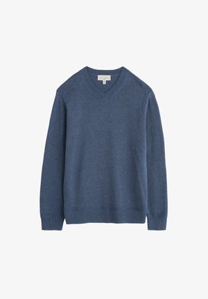 Suéter azul de punto en forma de V, confeccionado en un tejido suave. Presenta puños y dobladillo acanalados. Diseño simple y sin adornos, sin patrones ni detalles.