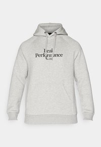 Hoodie gris clair avec une poche kangourou, une capuche à cordon, et le texte noir "Real Performance Est.1986" sur le devant. Tissu doux, poignets côtelés.