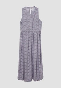 Ärmelloses Kleid in helllila mit einem floralen Muster in Rot und Marineblau. Verfügt über einen Schlüsselrücken und einen elastischen Bund für eine lockere Passform.