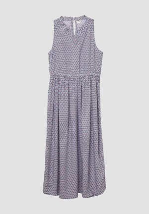 Robe sans manches de couleur violet clair avec un motif floral rouge et bleu marine. Elle présente un dos en trou de serrure et une taille élastiquée pour un ajustement décontracté.