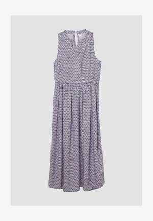 Ärmelloses Kleid in helllila mit einem floralen Muster in Rot und Marineblau. Verfügt über einen Schlüsselrücken und einen elastischen Bund für eine lockere Passform.