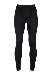 Black thermal leggings made from a stretchy, smooth material. Fitted design with a wide waistband and subtle texture along the legs.