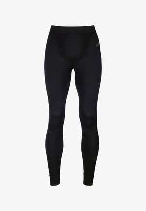 Black thermal leggings made from a stretchy, smooth material. Fitted design with a wide waistband and subtle texture along the legs.