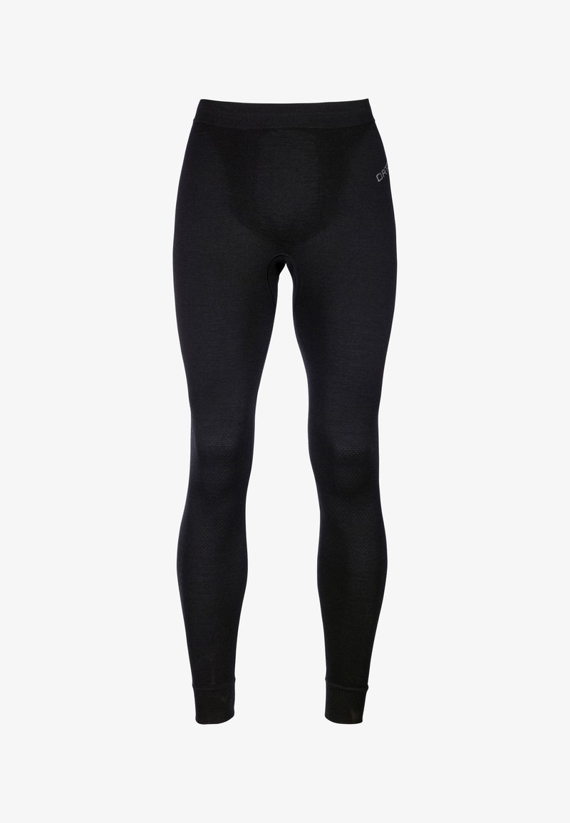 Black thermal leggings made from a stretchy, smooth material. Fitted design with a wide waistband and subtle texture along the legs.