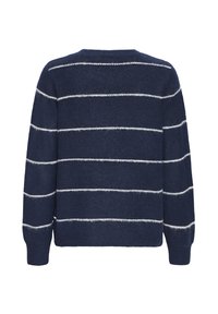 Námořnický svetr s vodorovnými bílými pruhy, kulatým výstřihem, měkkou strukturou a dlouhými rukávy. Jednoduchý design s volným střihem.