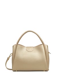 Borsa a mano in pelle dorata con superficie testurizzata, forma strutturata, due manici corti e una tracolla rimovibile. Base arrotondata con piedi in metallo.