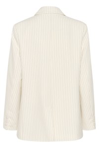 Cream-colored blazer with vertical pinstripes, structured collar, three-quarter sleeves, and single-button cuffs. Smooth fabric texture.