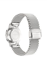 Edelstahlarmbanduhr mit Meshband, runder Gehäuseform und silberfarbener Oberfläche. Verfügt über einen runden, strukturierten Rückenteil und einen Verschluss.