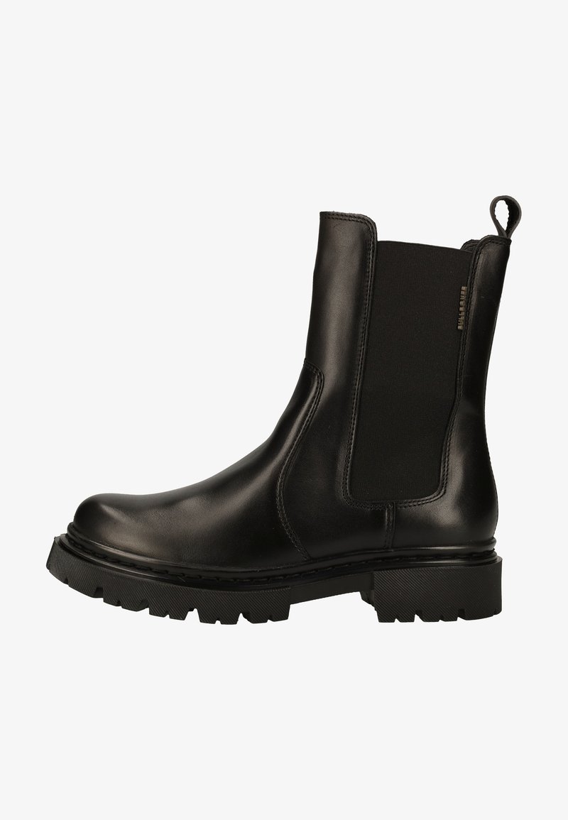 Black leather ankle boot with elastic side panels, rounded toe, chunky rubber sole, and a pull tab for easy wear. Features a stitching accent.