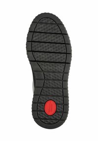 Suola di scarpa in gomma nera con motivi testurizzati, scanalature orizzontali e un'etichetta di accento rossa con la scritta "Comfort". Taglia contrassegnata come 37.