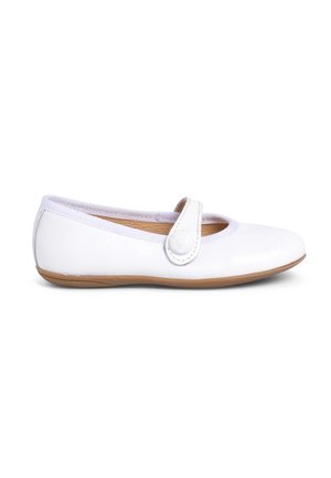 White flat shoe with a rounded toe, elastic strap, and button detail; smooth synthetic upper and textured rubber sole.