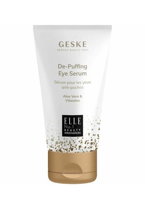 Geske De-Puffing Eye Serum Tube mit Aloe Vera und Vitaminen, beschriftet mit ELLE No.1 Beauty Innovation, weiß mit goldenen Sprenkeln und Kappe.
